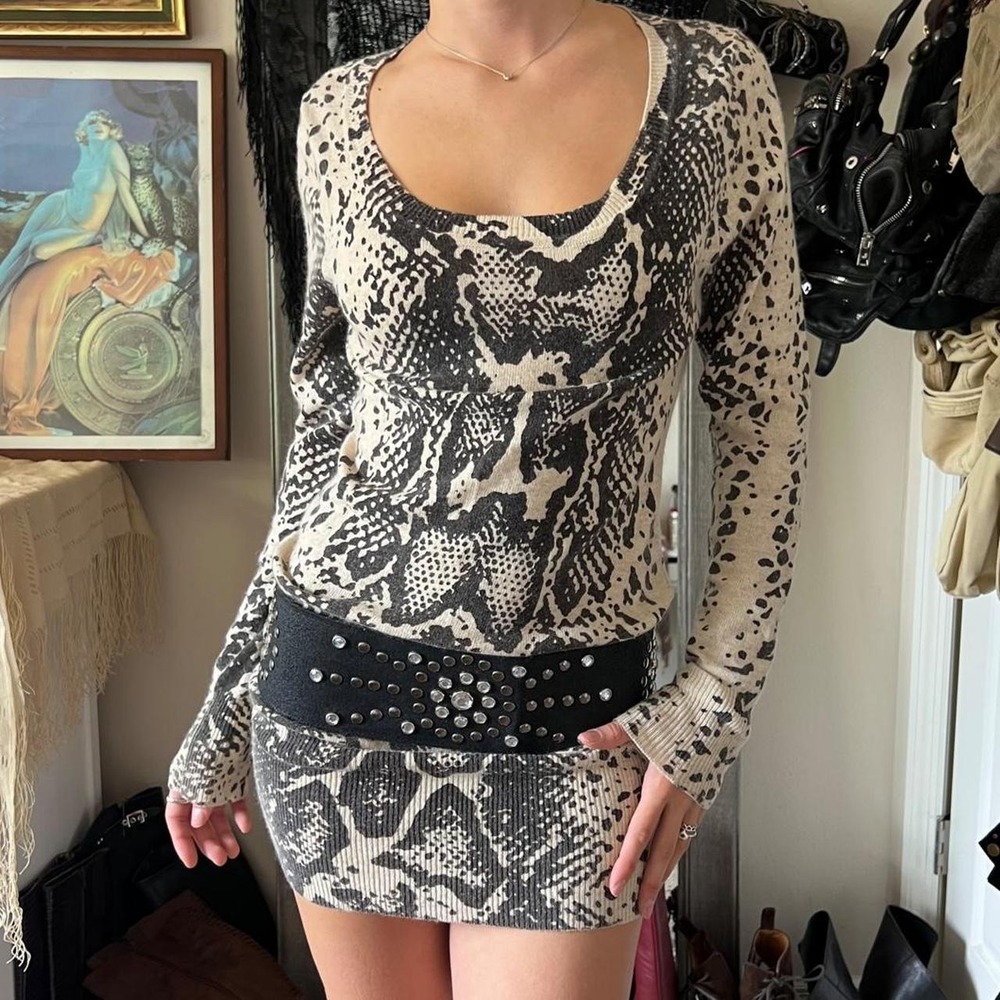 BCBG Max Azria Snake Skin Print Long Sleeve Sweater Dress Tan Black Y2K Medium